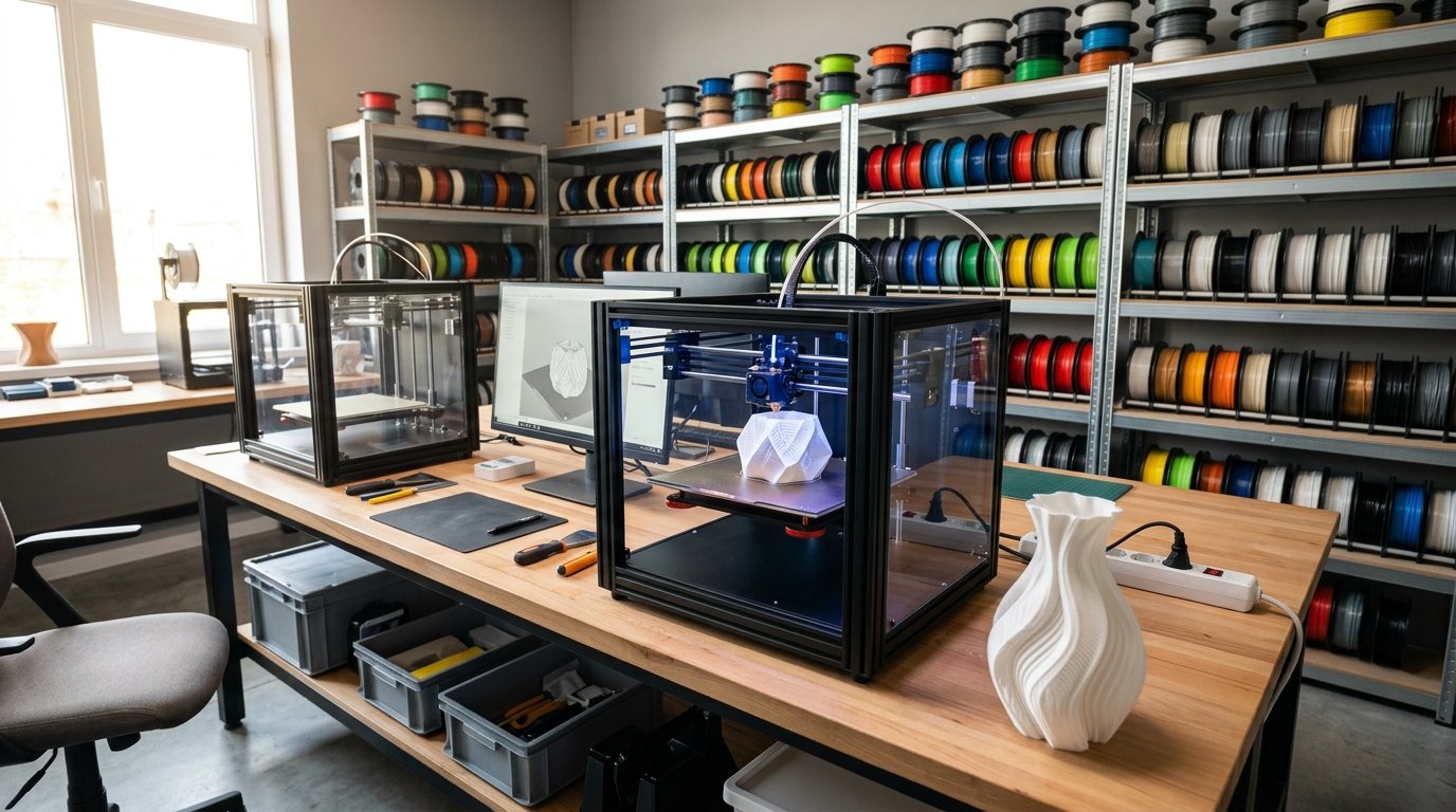 Überblick über eine moderne 3D-Druck-Werkstatt mit Drucker, Filamentregal und fertigem Bauteil