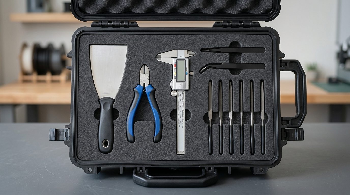 Ordentlich aufgeräumte Werkzeugkiste mit 3D-Druck-Nachbearbeitungswerkzeugen