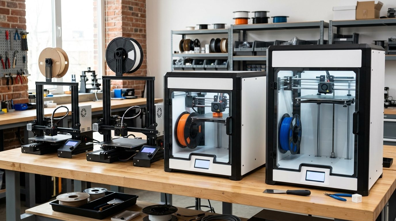 Mehrere 3D-Drucker unterschiedlicher Größe nebeneinander in einer Werkstatt