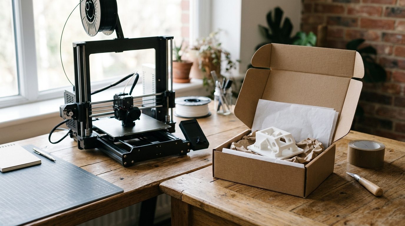 Person vergleicht am Schreibtisch einen eigenen 3D-Drucker mit einem fertig bestellten gedruckten Bauteil