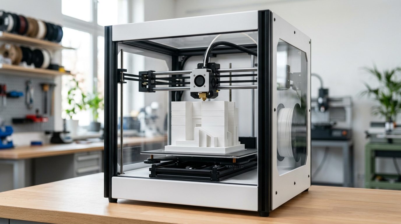 Moderner 3D-Drucker druckt ein weißes Bauteil in sauberen, präzisen Schichten
