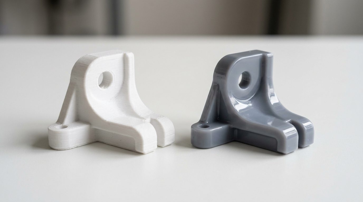 Nebeneinander: ein FDM-gedrucktes und ein SLA-Resin-gedrucktes Bauteil auf einem Tisch