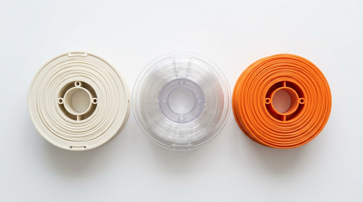 Drei 3D-Druck-Filamentspulen in Weiß, Transparent und Orange nebeneinander auf weißem Untergrund