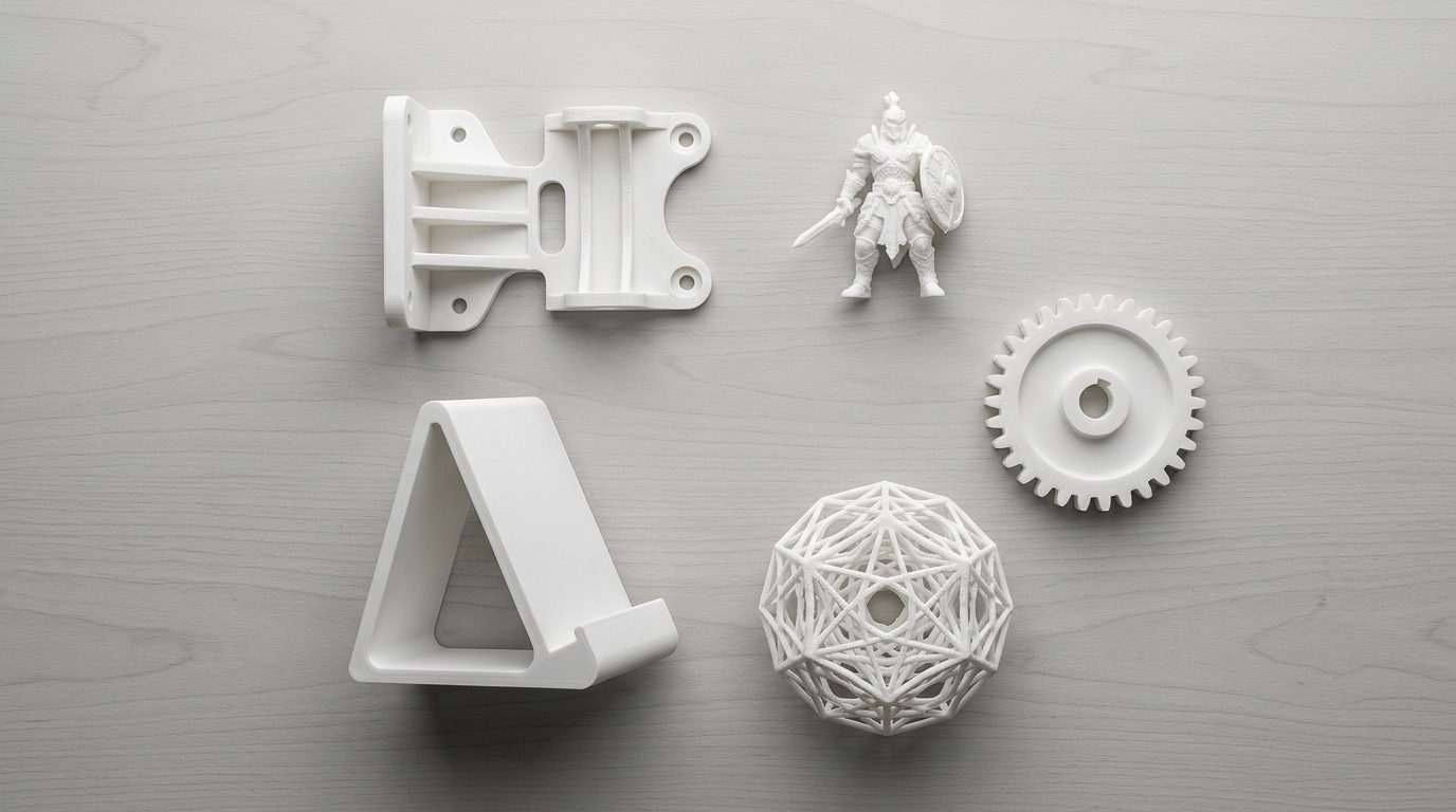 Verschiedene fertige weiße 3D-gedruckte Bauteile und Objekte nebeneinander auf einem Tisch