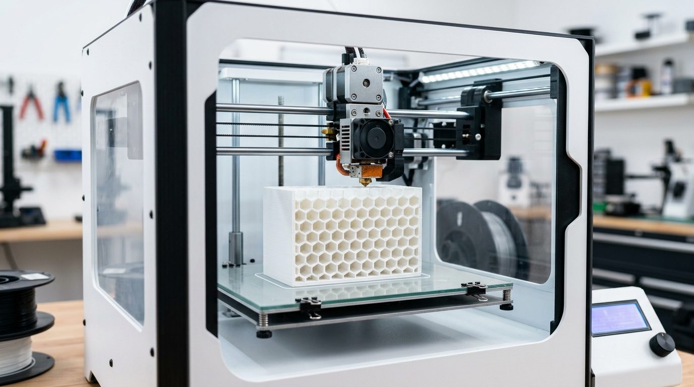 Makroaufnahme einer 3D-Druckdüse beim Druck mit sichtbarem Infill-Muster im Bauteil