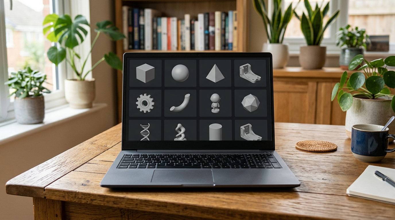 Laptop-Bildschirm zeigt eine Galerie verschiedener 3D-Modell-Vorschaubilder