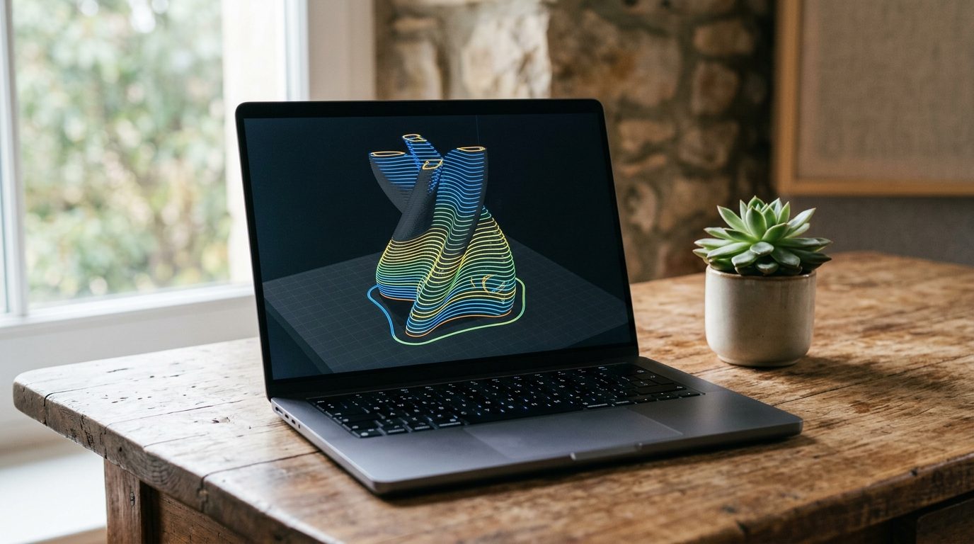 Laptop-Bildschirm mit Slicer-Software zeigt ein in Schichten zerlegtes 3D-Modell