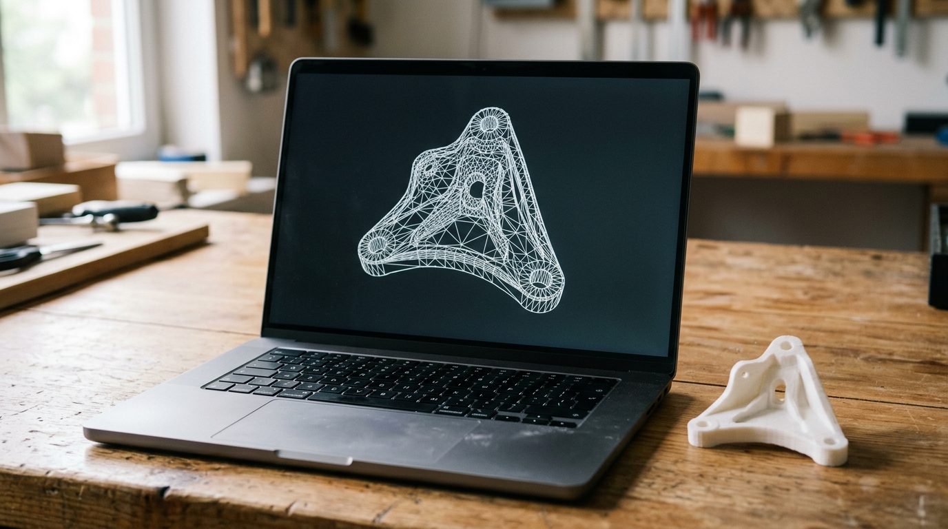 Laptop-Bildschirm zeigt ein 3D-Drahtgittermodell neben dem passenden fertig gedruckten Bauteil